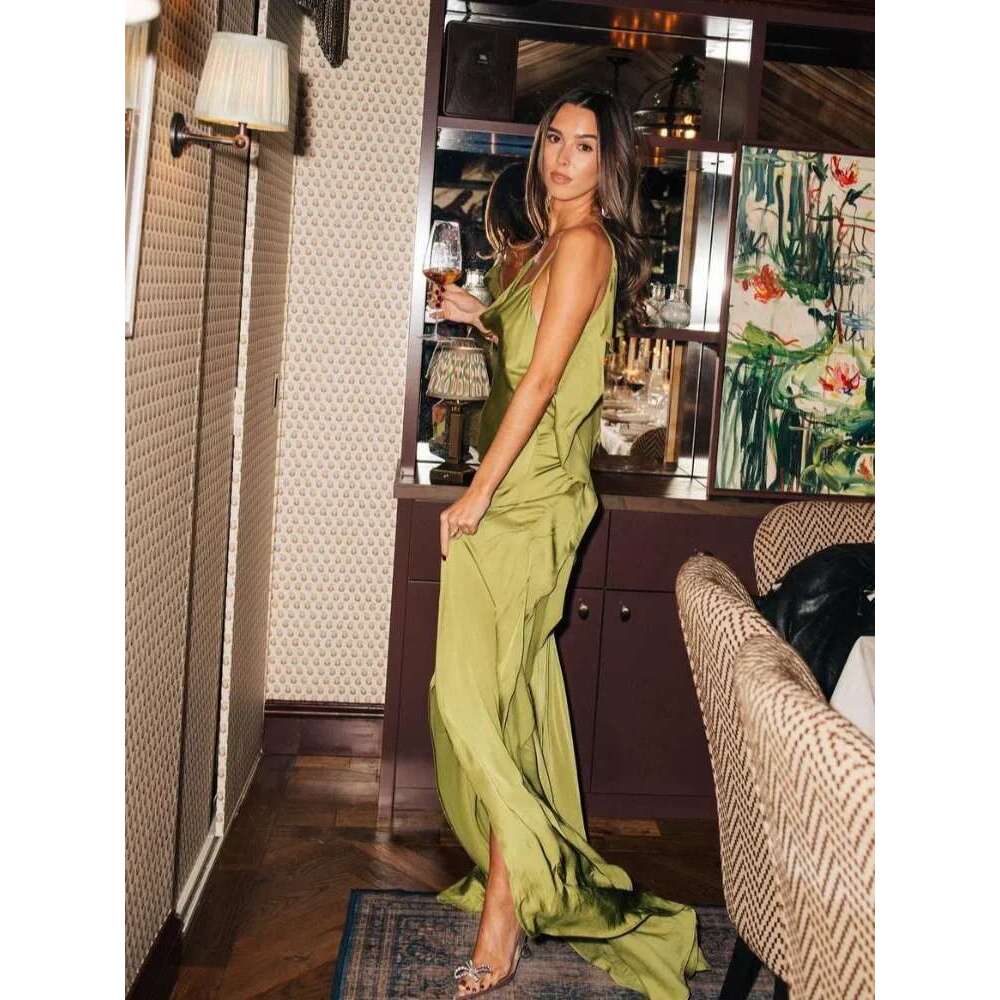 Elegant Green Satin Ruffles Sling Long Dress Women Sexy Backless Sleeveless Split Slim Dresses Lady 2025 New Party Club Vestidos