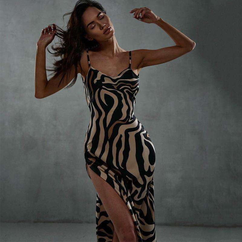 Maxi Dress Trendy Women S Summer Fashion Printed Slim Fit Slit Backless Camisole Dress KQ