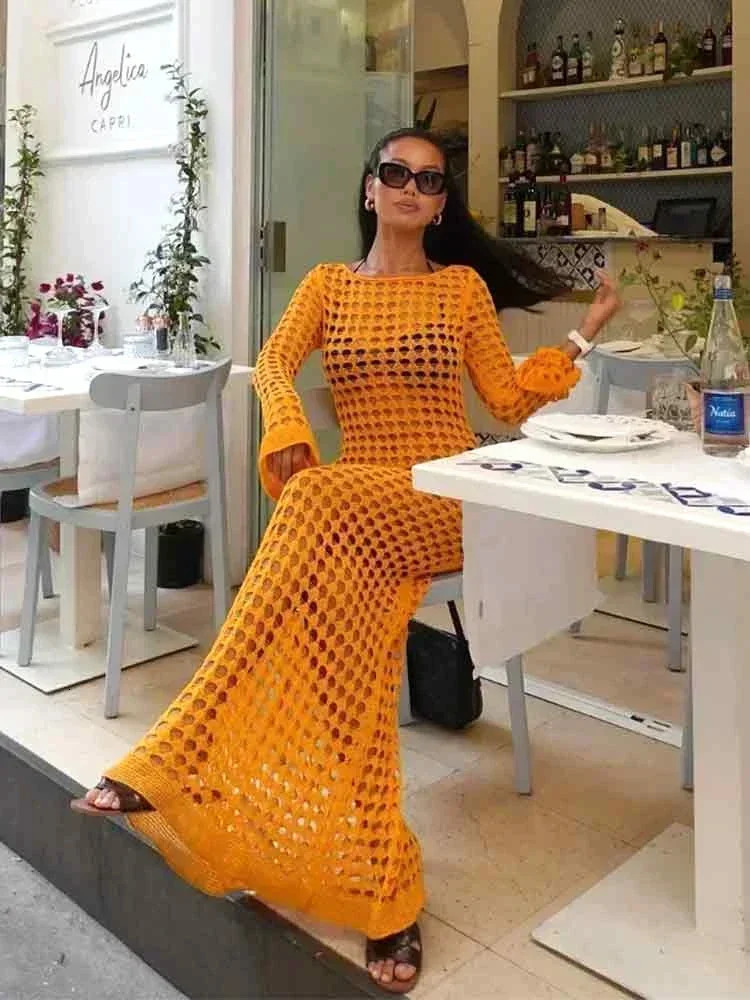 Sexy Cut Out Bell Sleeve Solid Knit Crochet Beach Maxi Dress Women Summer Chic Swimsuit Cover Up Elegant Party Outfit K23 250517