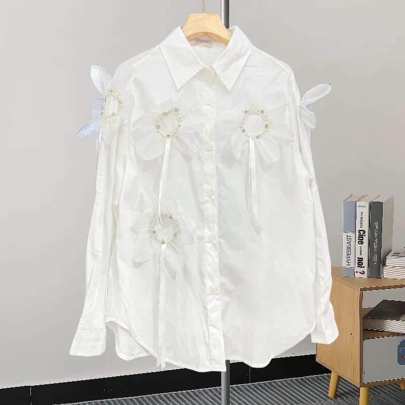,New,European,Clothes,Loose,Blouse,Sexy,Cardigan,Vintage single,Breasted,3D flower,Women,Shirt,Long Sleeve,Casual,Tops,41269