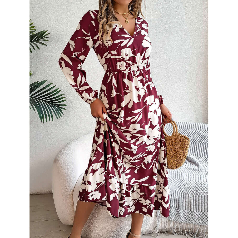 2024 Autumn/Winter Casual Flower Waist Long Sleeve Ruffle Edge Dress Women's Wear
