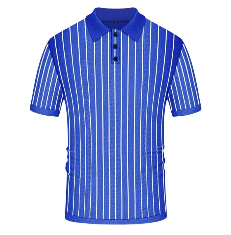 Mens Top Summer Striped Knit Sweater Slim Fit Short Sleeved Lapel Business Polo Shirt for Men 250517