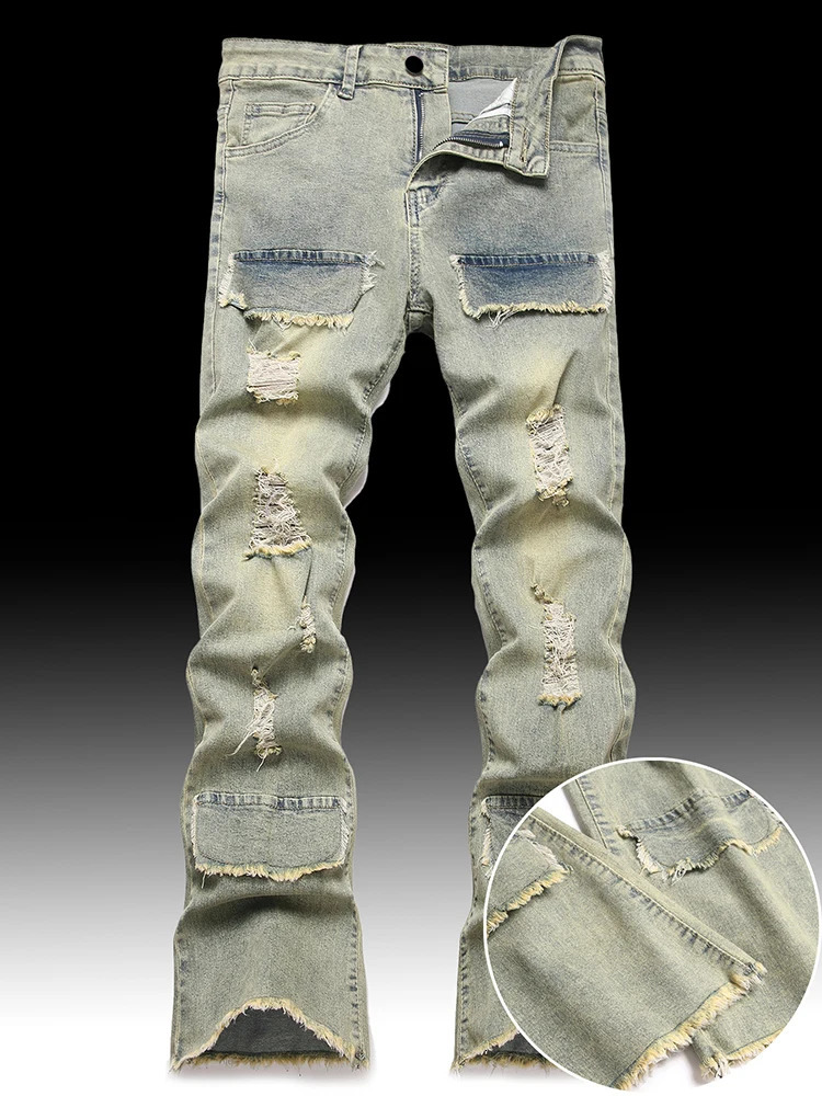 Mens American Hip-Hop High Street Ripped Raw Edge Contrast Stitching Loose Straight Flared Jeans Trendy Streetwear 250517