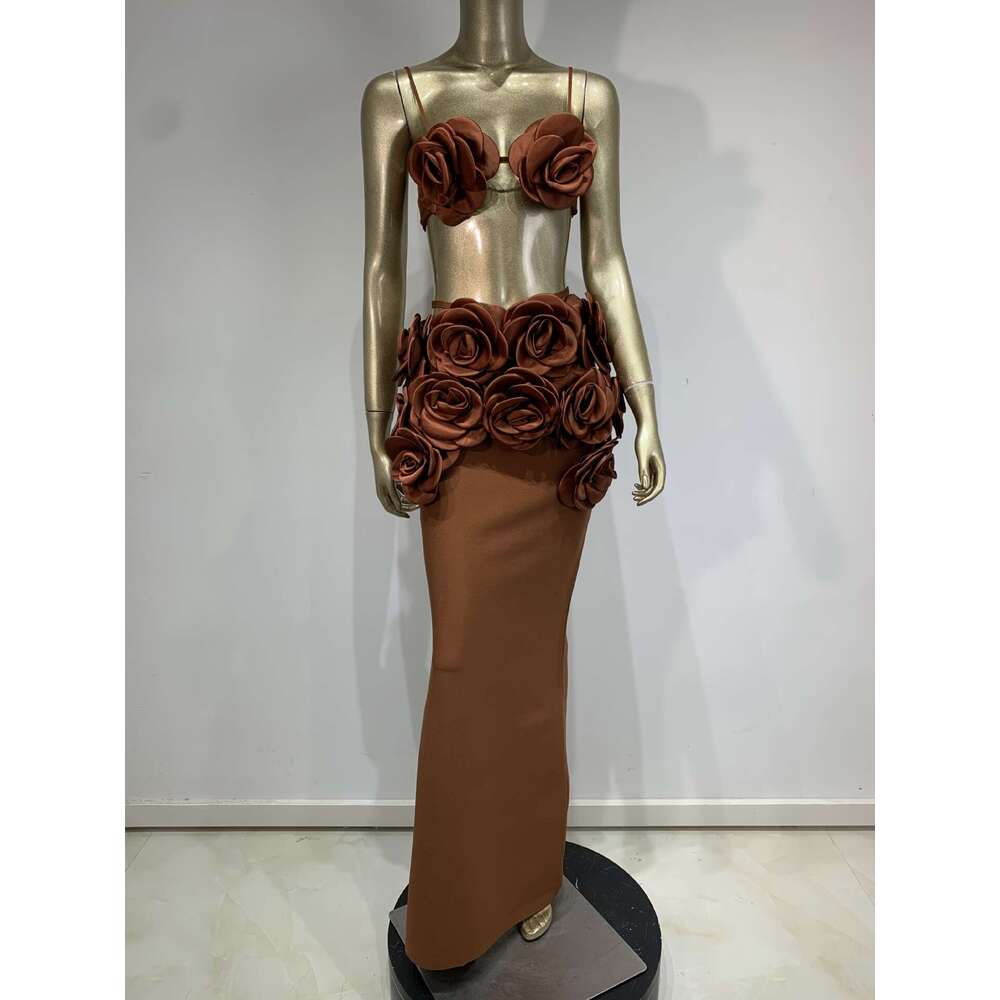 Maxi Dress Bandage Floral Top Long Sexy Two Piece Set Beach Party Skirt KQ