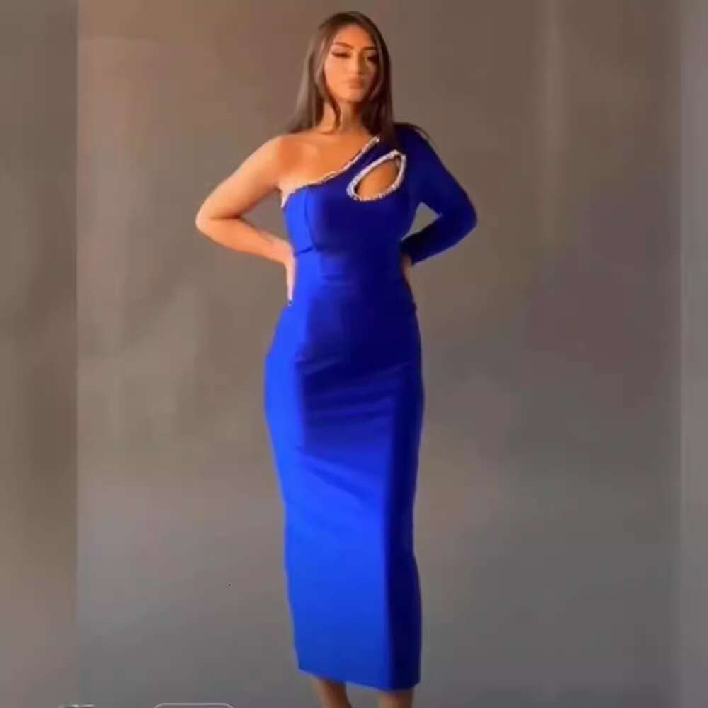 Maxi Dress New Bandage Blue Single Shoulder Long Sleeve Diamond Banquet Party Dress KQ