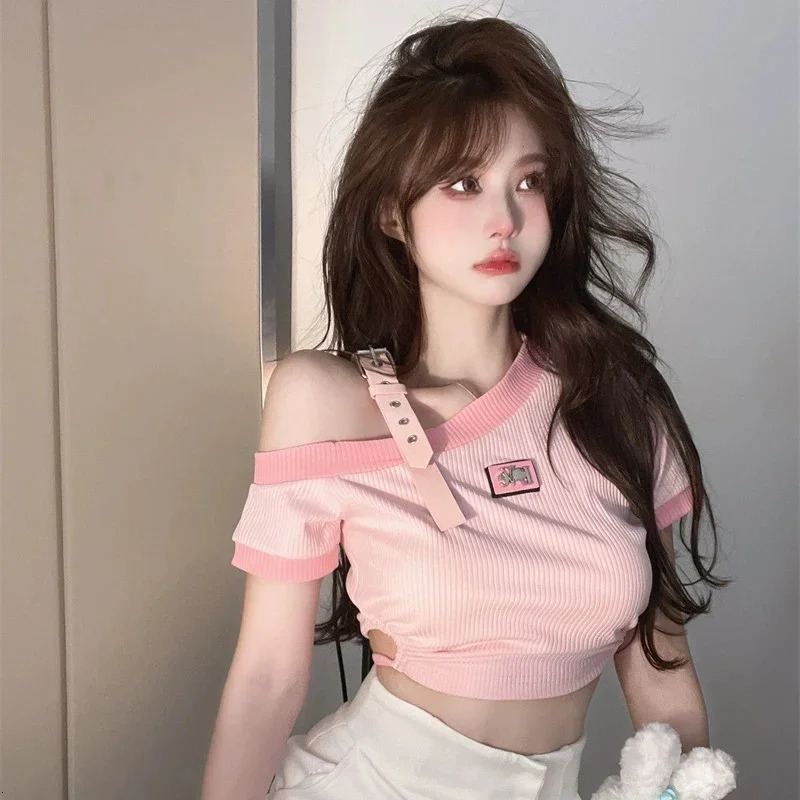 Women Off Shoulder Party Graphic Clothes Lady er Crop Short Sleeved T-shirts Female Sweet Spicy Style Pink Tie Up Tops 250517