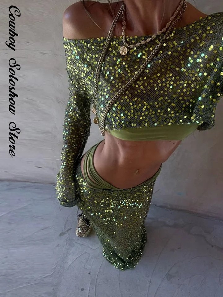 Sexy Sequin Crop Top Skirt Set Women Slim Slash Neck Long Sleeve Tops See Through Long Skirts Summer Beach Shiny Lady Suit 250516