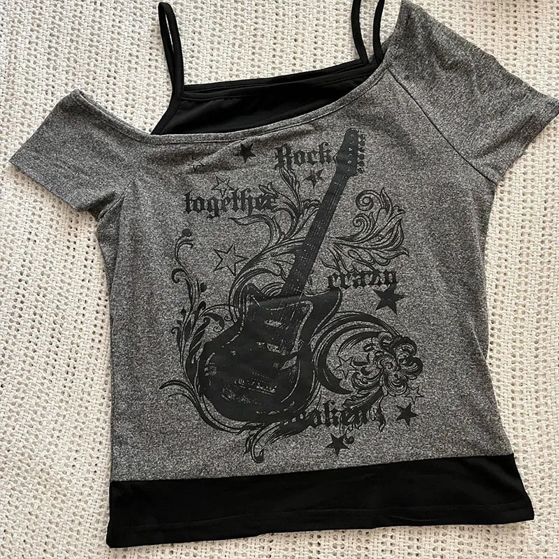 Y2k Slim Fit Print Tops Women Off Shoulder Short Sleeve Tee Shirt Neploe American Vintage Two Piece Halter Lace Up T-shirts 250517
