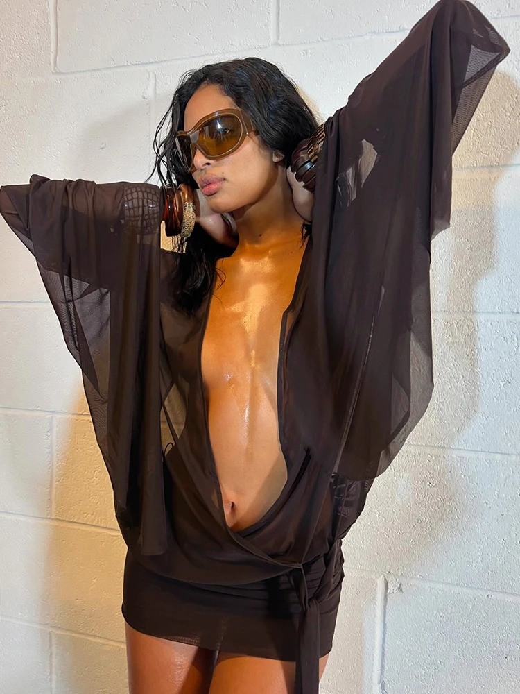 kliou Mesh Irregular Women Mini Dress Sexy See Through Chic Long Sleeve Deep Low Neck Bandage Slim Vestidos Mujer Coquette Frock 250517