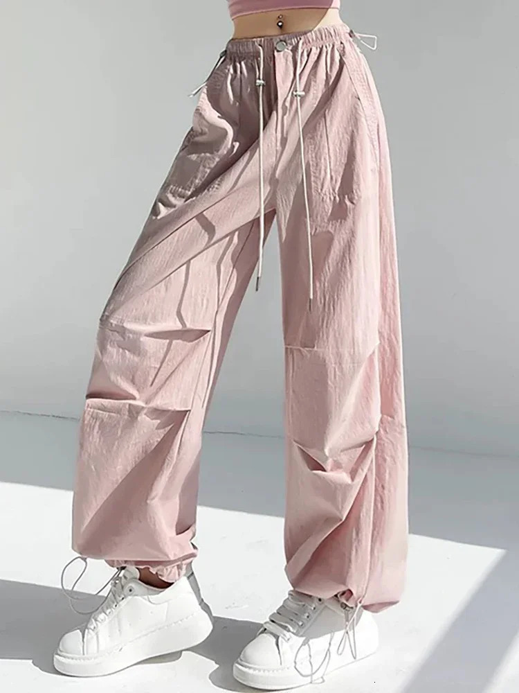 Womens Street Wear Elastic Waist Ice Silk QuickDrying Snug Sports StraightLeg Pants Summer Casual Loose WideLeg Cargo 250506