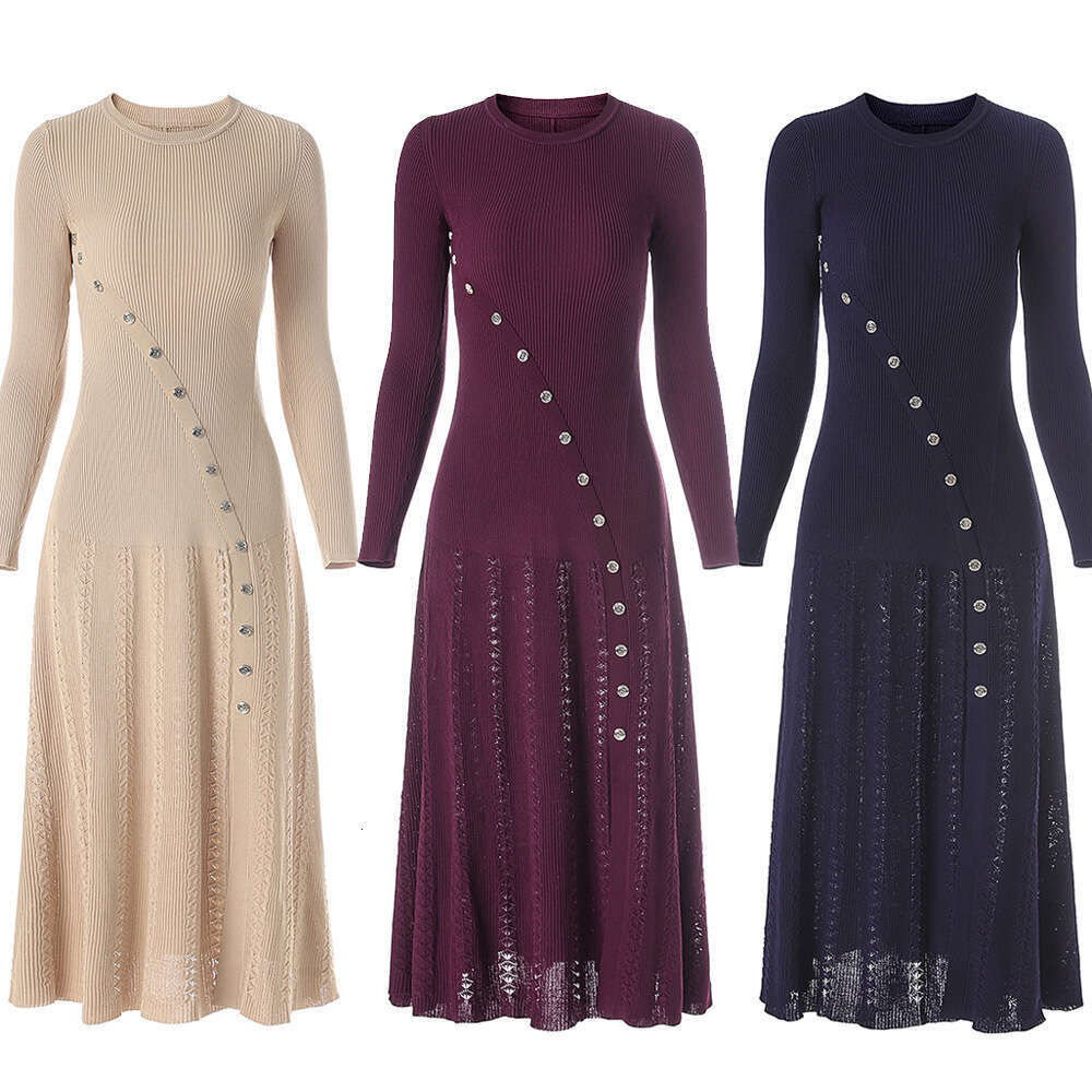 Maxi Dress Early Autumn New Sleeve Design With Curved Button Heavy Duty Elastic Round Neck Wind Long Dress KQ