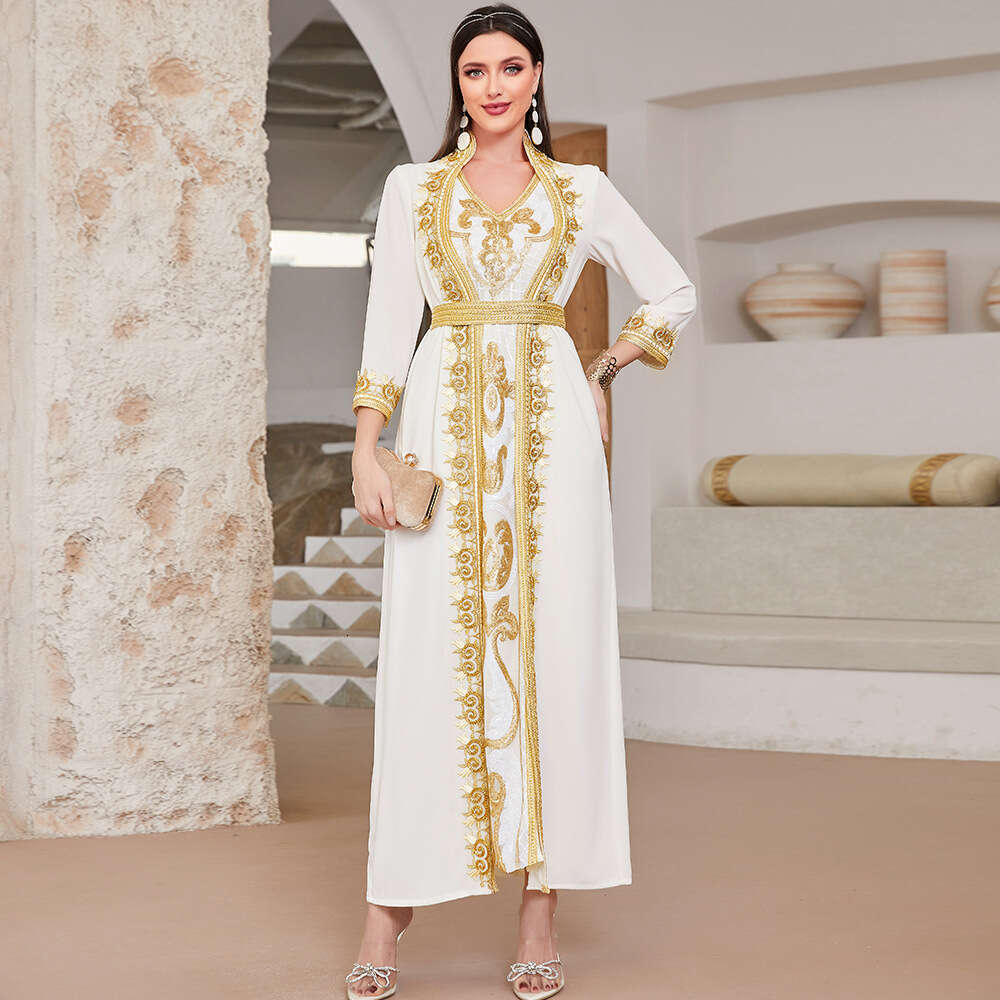 Maxi Dress BA New Fake Two Piece Gold Lace Sequin Bead Embroidered Arabian Long Dress Formai Dress