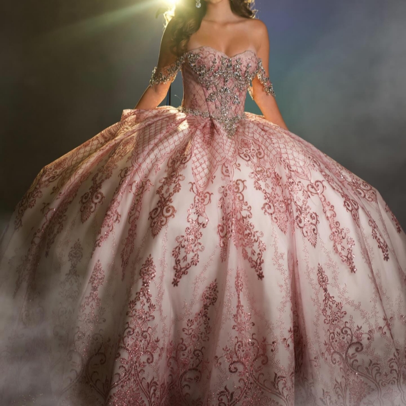 Pink Shiny Quinceanera Dresses Off Shoulder Ball Gown Sweet 16 Dress Beading Crystal Sequin Applique Lace Tull Birthday Party Vestidos 15 De Anos