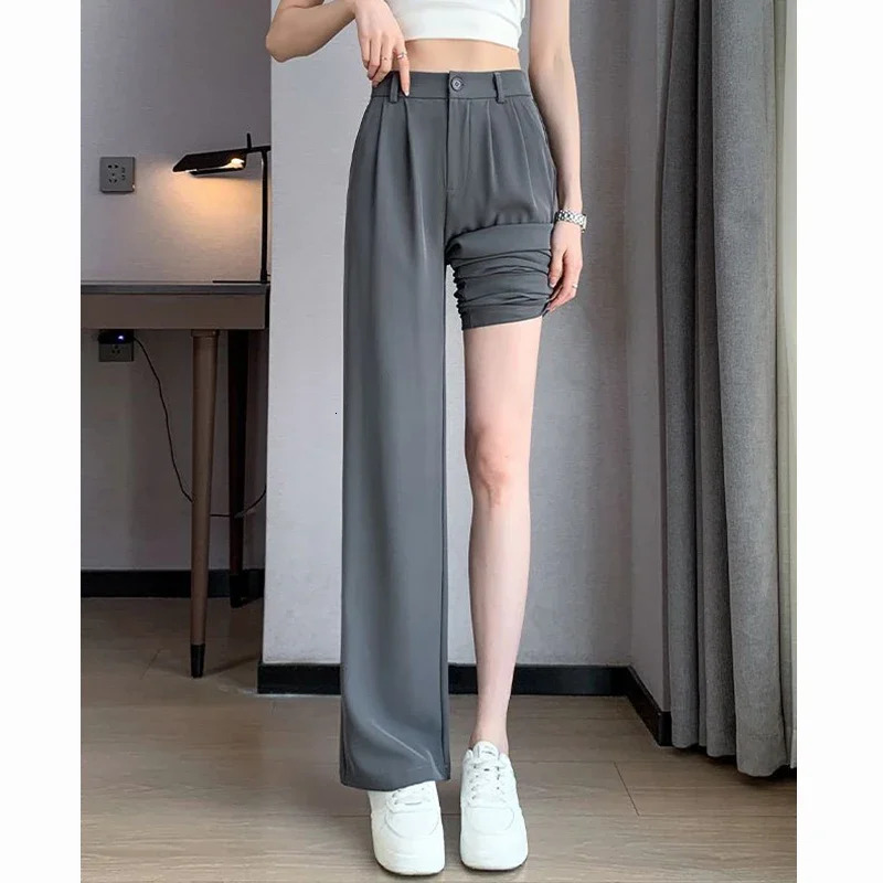 2025 Spring Summer Lady High Waisted Suit Fabric Pant Comfortable Straight Leg Trousers Girls Korean Concise Baggy Slacks 250506
