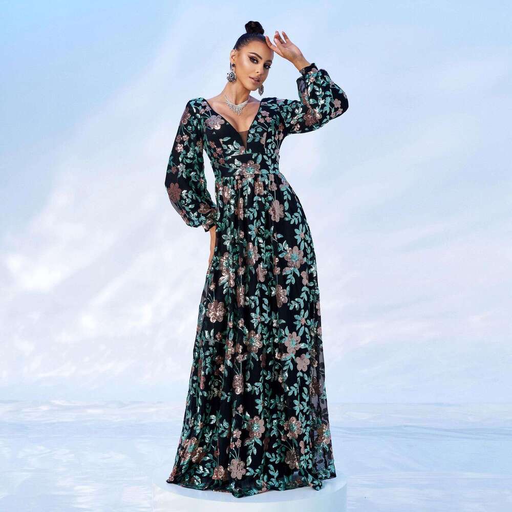 Maxi Dress High End Temperament Sleeved V Neck Long Sequin Banquet Grand Display Evening Bridesmaid Women S Dress KQ