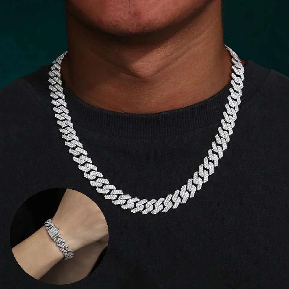 14mm D Color Full Moissanite Chain Necklace Bracelet for Men Women Sterling Sier Hiphop 2 Row Stone Cuban Jewelry