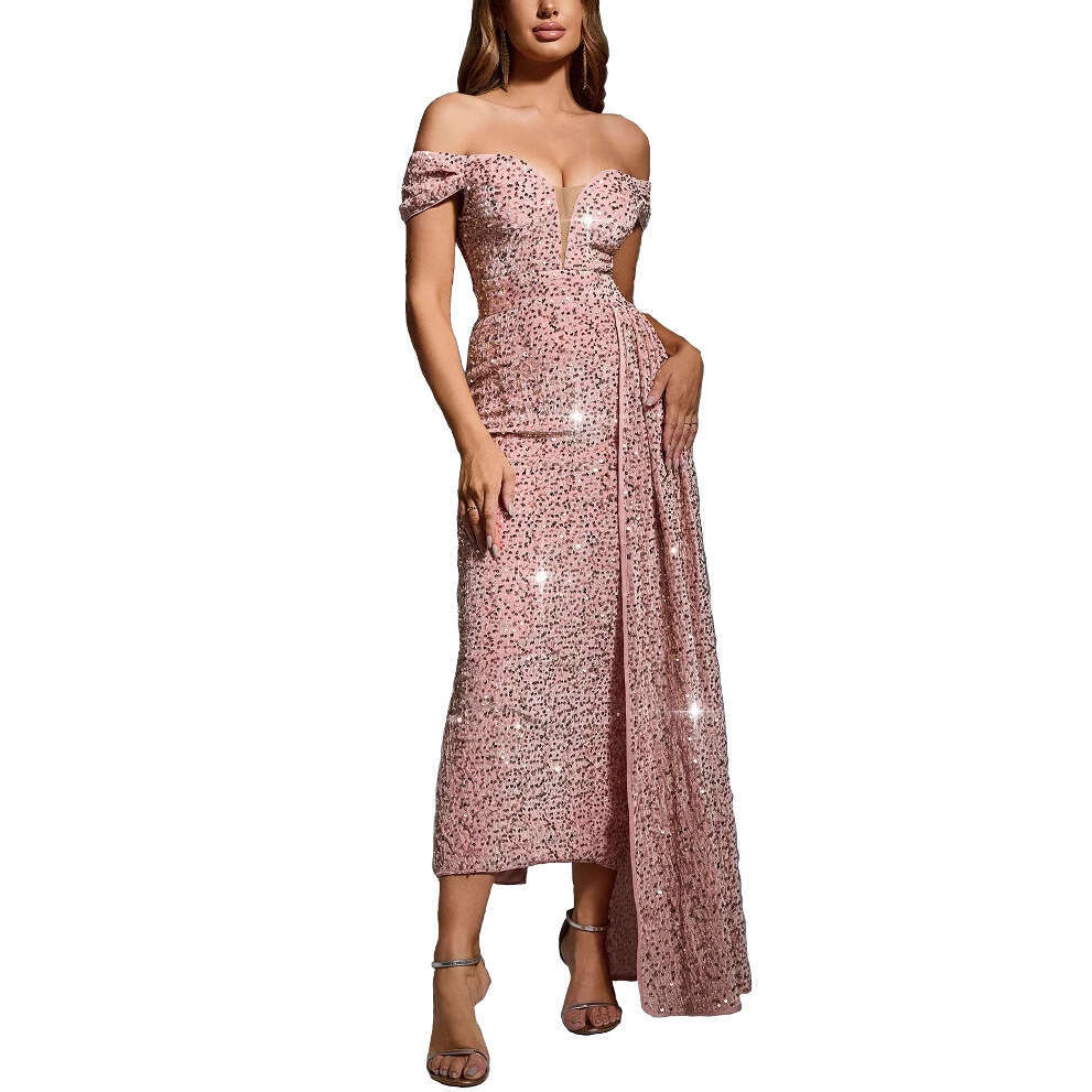 Maxi Dress OS New Women S Style Sexy Sequin One Shoulder Solid Color Sleeveless Dress Formai Dress