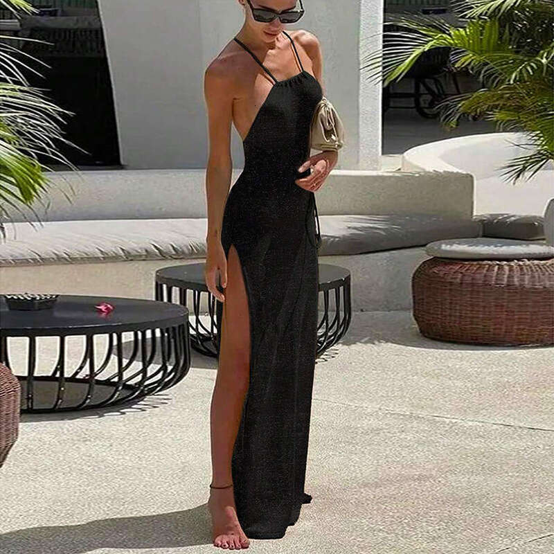 Maxi Dress Golu New Double Sided High Slit Suspender Beautiful Back Knitted Dress Beach Skirt For Women Formai Dress