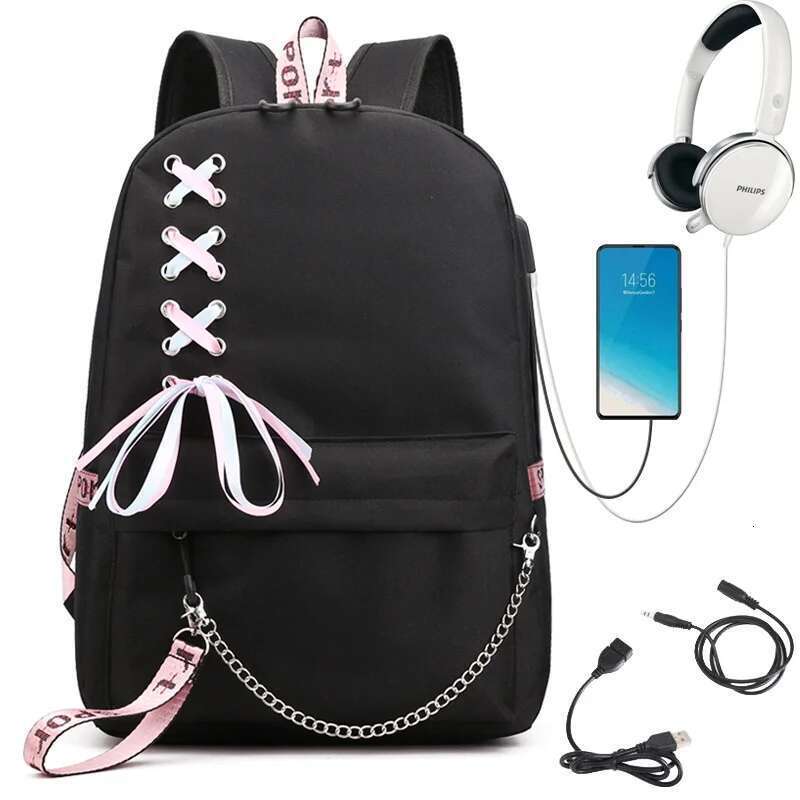 College Students Fashion Trend Travel Backpack USB Charging Laptop Bagpack Black School Bags for Teenager