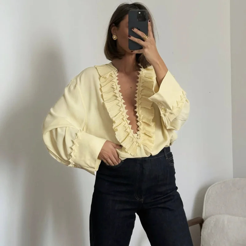 Talenza Casual Chiffon Shirt Women Fashion Pleated Laceup Solid Lace Top Summer Vacation Loose Vintage Elegant Female Blouses 250516Z