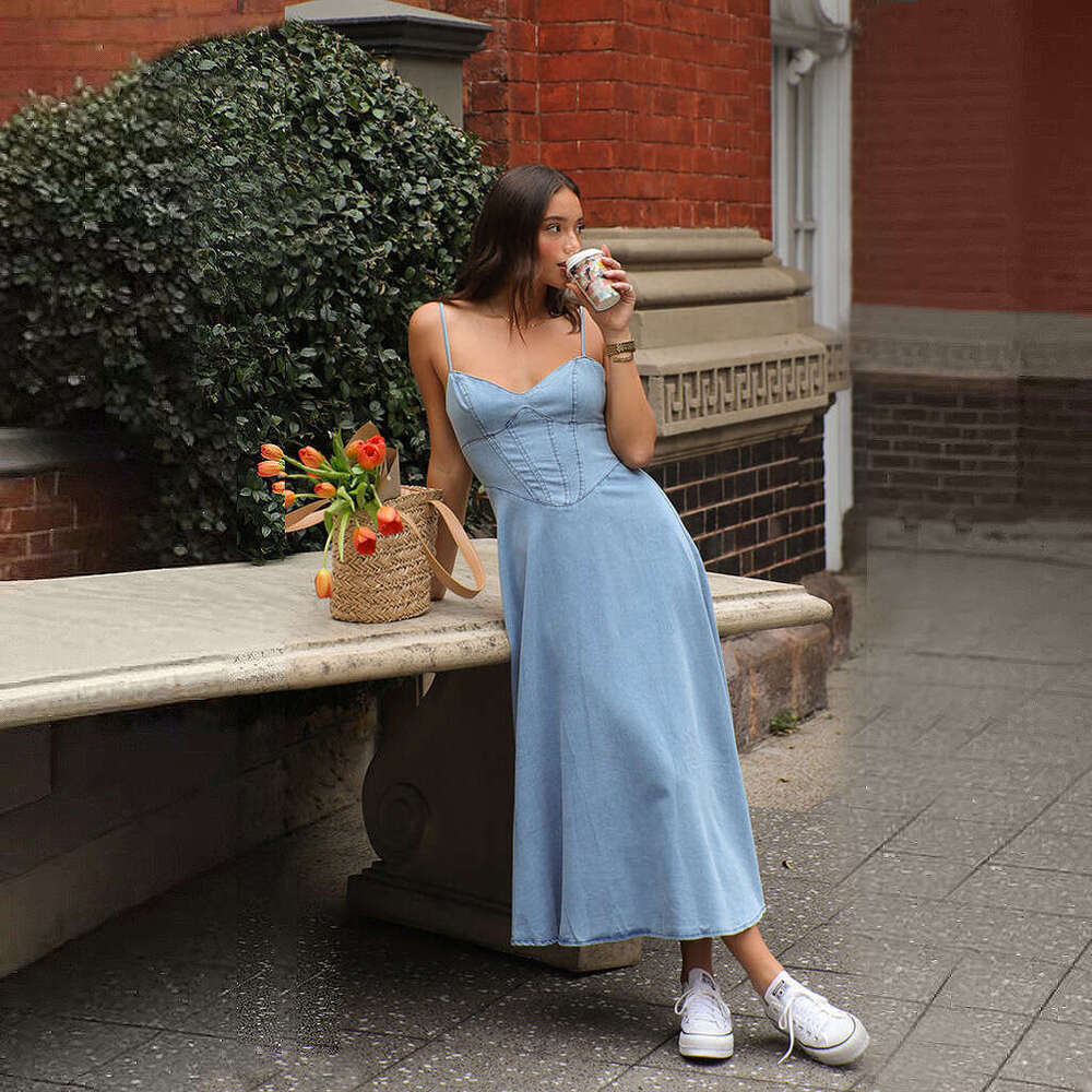 Maxi Dress Spring And Summer New V Neck Camisole Vintage Sexy Style Elastic Denim Long Dress KQ
