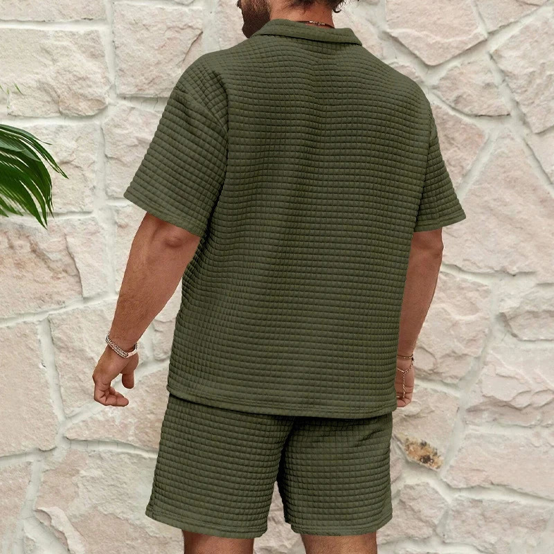 Summer Mens Fashion Casual Daily Solid Color Loose Waffle Suit Short Sleeve Shorts Suit Polo Shirt Men Casual 250517