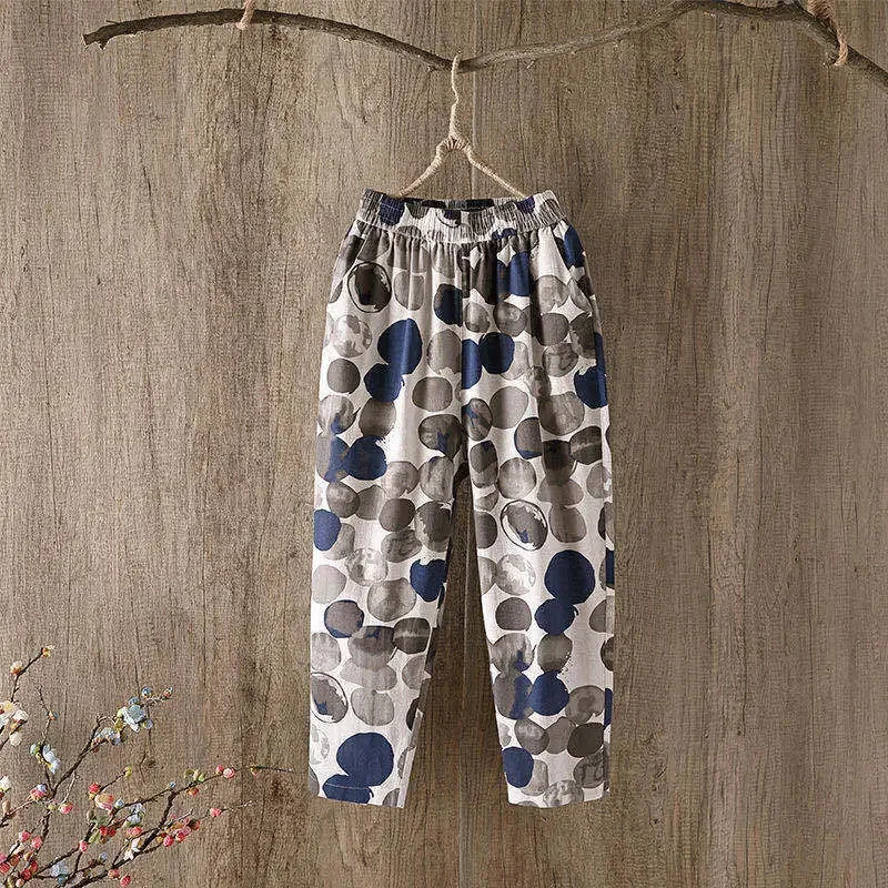 Summer retro printed chiffon casual pants for women loose fit and slimming Versatile Artistic straight leg Harlem 250506