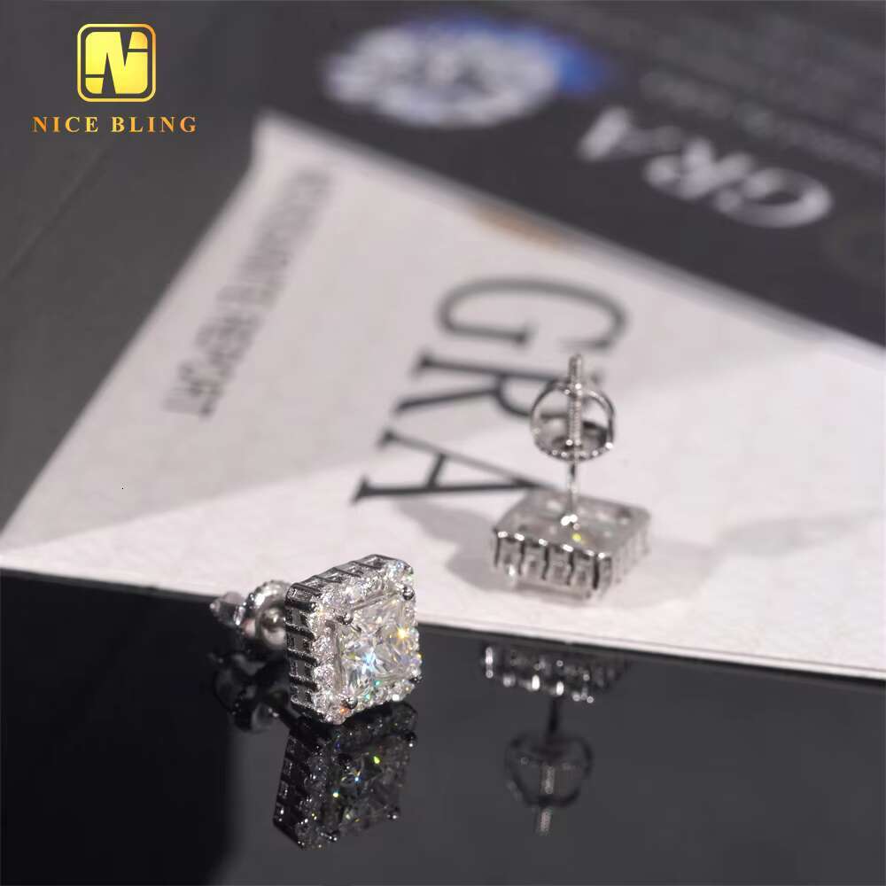 Pass Diamond Tester GRA Certified VVS Diamond 925 Sterling Silver Princess Cut Moissanite Stud Earrings