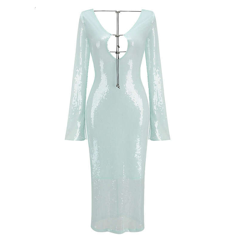 Maxi Dress High End Fashion Sequin V Neck Backless Slim Fitting Party Dress Mid Length KQ