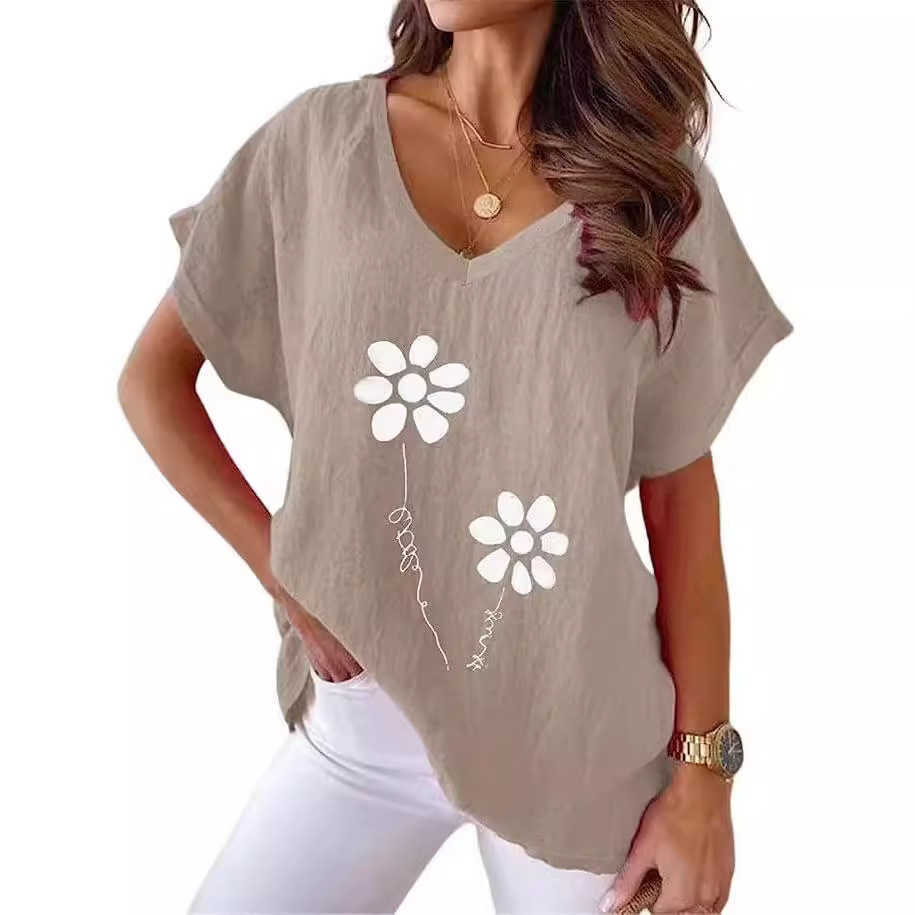 2023 Summer Plus Size Womens Printed V-neck Ice Silk Bamboo Knot Casual Bat Short Sleeved T-shirt