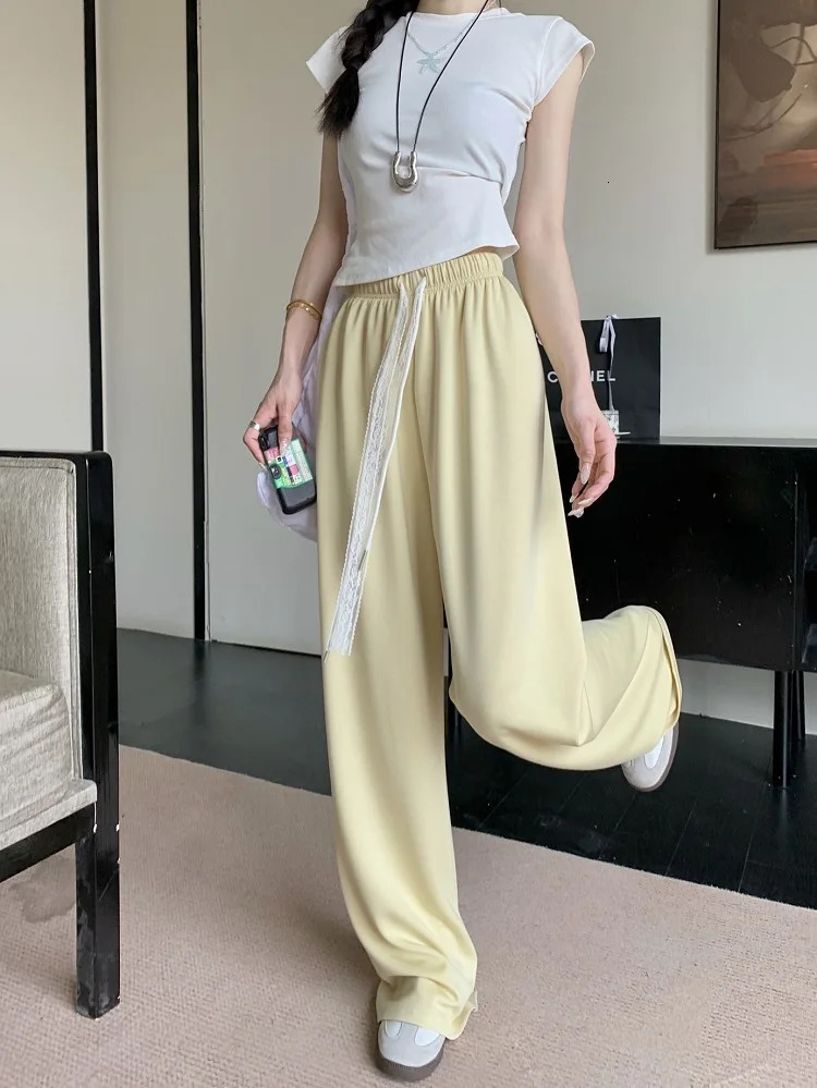 Spring Womens Casual Solid Elastic Waist Straight Pants Summer Female Korea Style Lace Drawstring RelaxedFit 250506