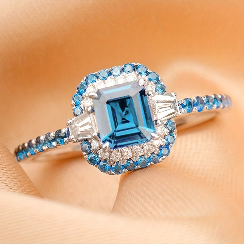 Brand New Wedding Rings Sparkling Luxury Jewelry 925 Silver Fill Princess Cut Aquamarine Zircon CZ Designer Diamond Women Engagement Geometry Band Rin