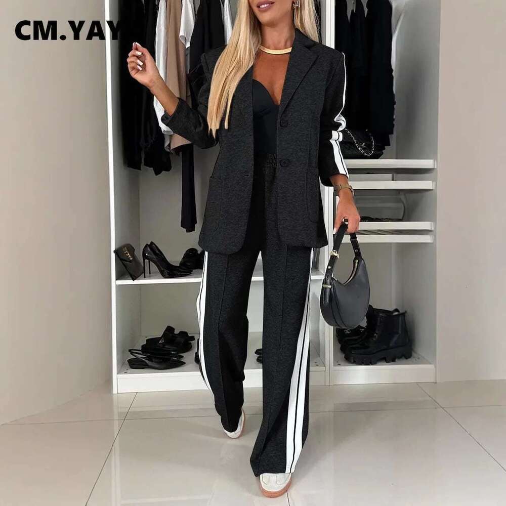 Cm.Yaya Elegant Women Pants Suit And Long Sleeve Blazer Matching OL Streetwear Two 2 Piece Set 2024 Winter Ribbon Outfits Designer