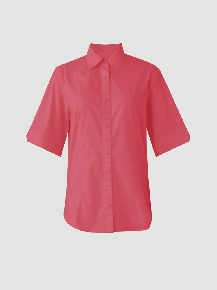 2025 Spring Summer Womens Solid Colour Basic Single Breasted Casual Vneck Tshirt Workwear High Collar 250516Z