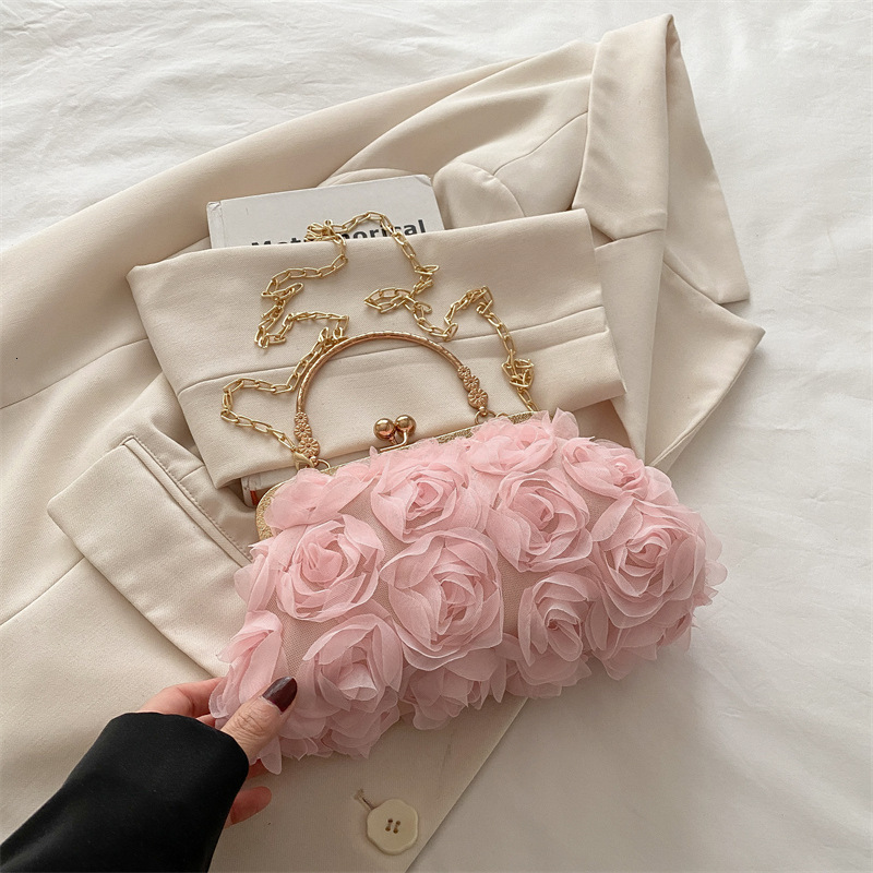 Free Delivery Designer Bag Chiffon 3D Flower Banquet Champagne Women's Cheongsam Handmade Dress Chain Decorative Bag Hand Luxury Bag