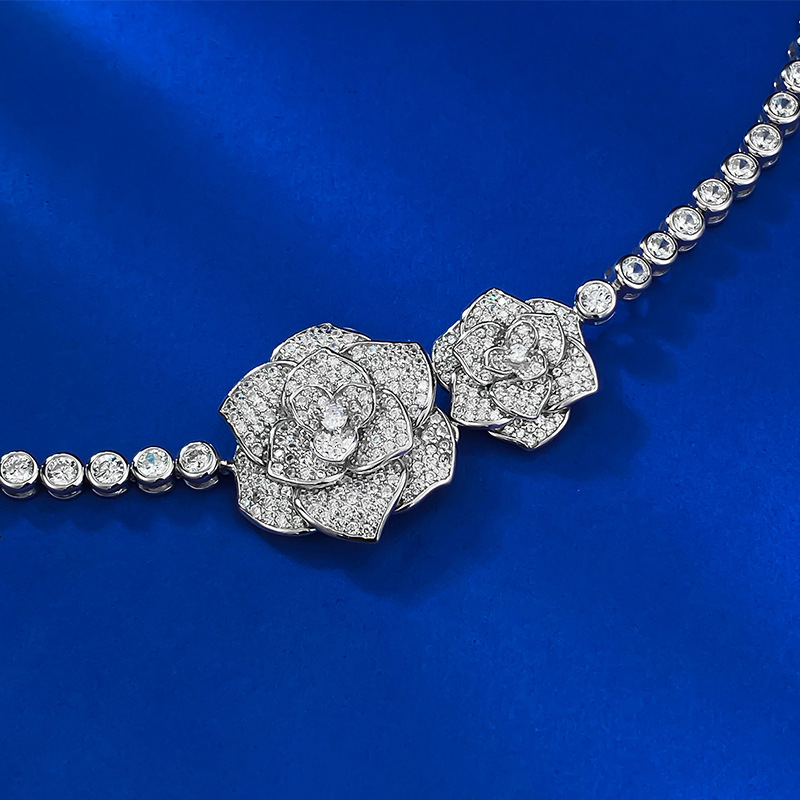 S925 Sterling Silver Full Diamond Camellia Rose Bracelet, Fashion Elegant Floral Jewelry with Sparkling Design for Women