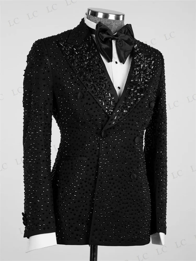 Crystals Men Suits 2 Pieces Blazer One Button Beaded Diamonds Prom Tuxedo Slim Wedding Groom Plus Size Costume Homme 250516