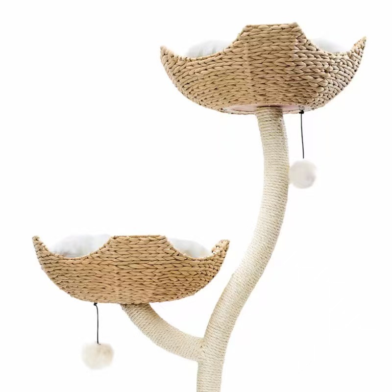 Tall Cat Tree Solid Wood Climbing Tower for Cats - Natural Fiber Weave & Hheight 72.8 inches