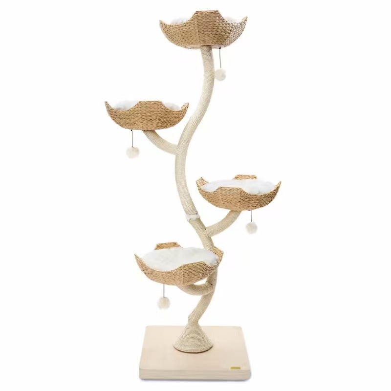 Tall Cat Tree Solid Wood Climbing Tower for Cats - Natural Fiber Weave & Hheight 72.8 inches