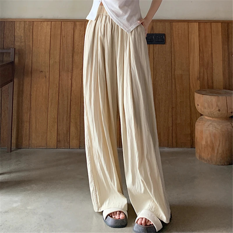 Seoulish Ice Silk Pleated Womens Trousers Summer High Waist Draping Casual Loose Full Length Wide Leg Pants Female 250517