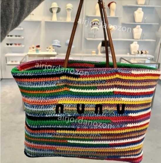 Evening Bags Miubag Knit Straw Bag Designer Rainbow Tote Bag Crochet Tote Bag Crossbody Weave Hobo Beach Bag Summer School Handbag Shoulder Beach Travel Handbags 6Dd
