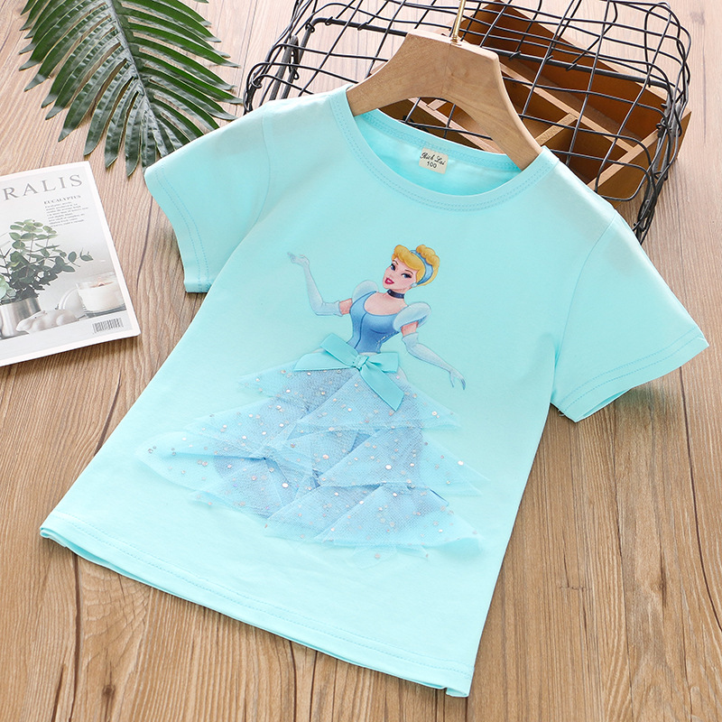 DISNEY girls designer clothes toddler designer clothes Frozen Princess Elsa Girls' short-sleeved tops are comfortable and soft Girls T-shirt summ