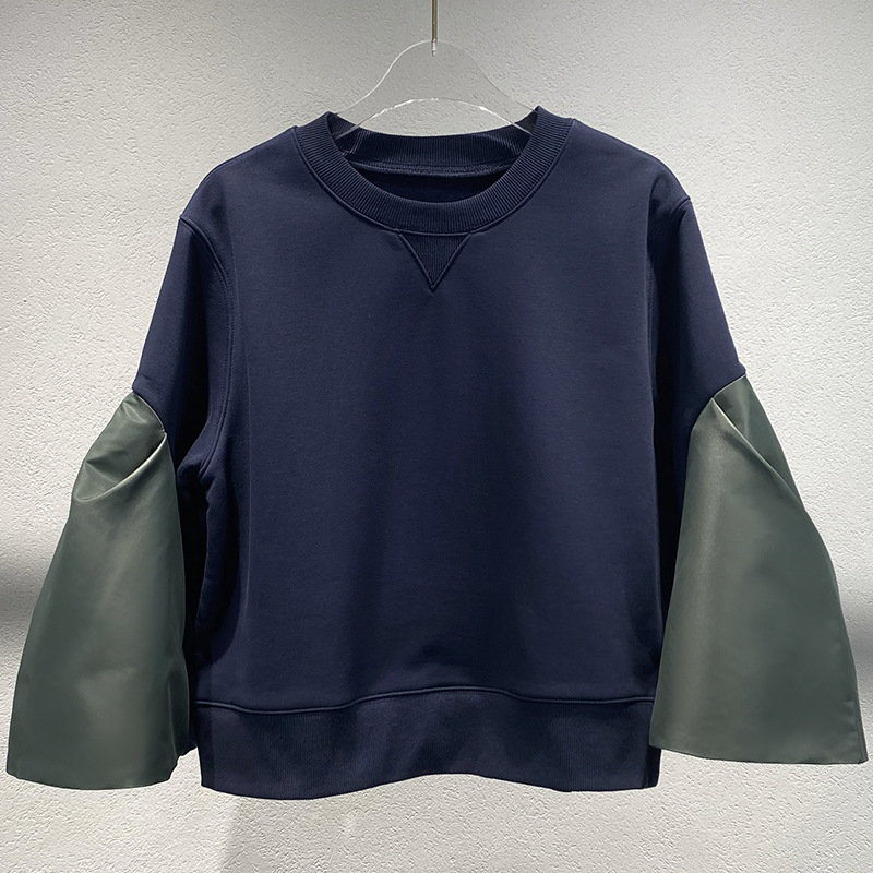 G2403 New autumn and winter color matching round neck stitching loose cuffs long sleeve sweatshirt for women