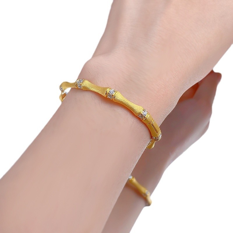 New S925 Sterling Silver Italian Vintage Handmade Brushed Bamboo Bracelet with Zirconia Accent, Adjustable Elegant Bamboo Style Bangle