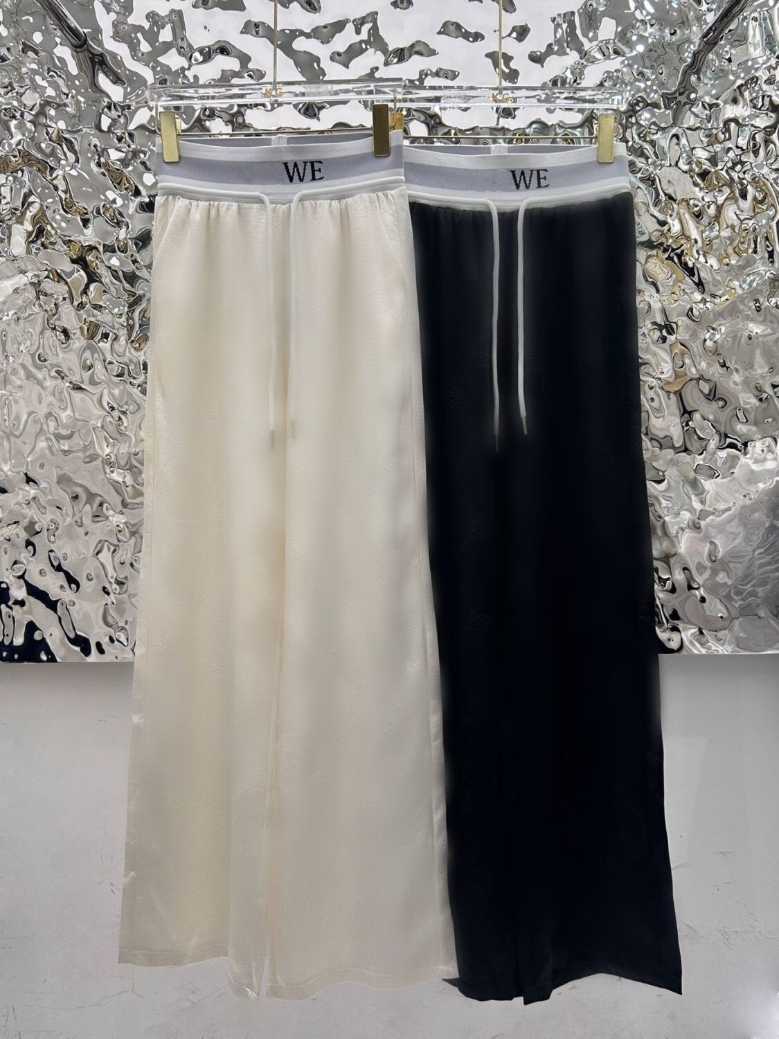 Women new fashion designer logo letter jacquard elastic waist satin fabric long pants loose trousers SML