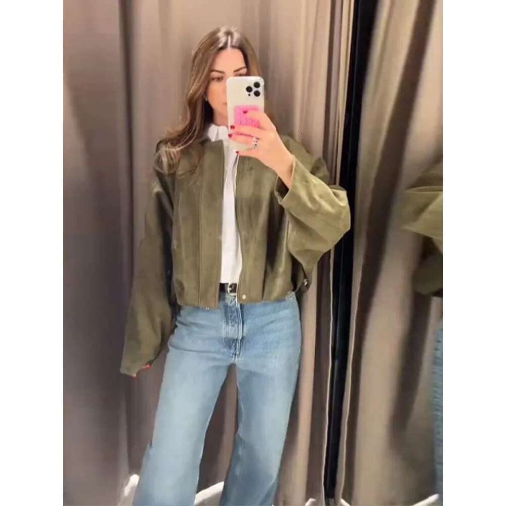 Fashion Suede Zipper Bomber Jacket For Women Vintage Turn Down Collar Long Sleeve Coats Lady New Street Chic Short Outerwear Designer