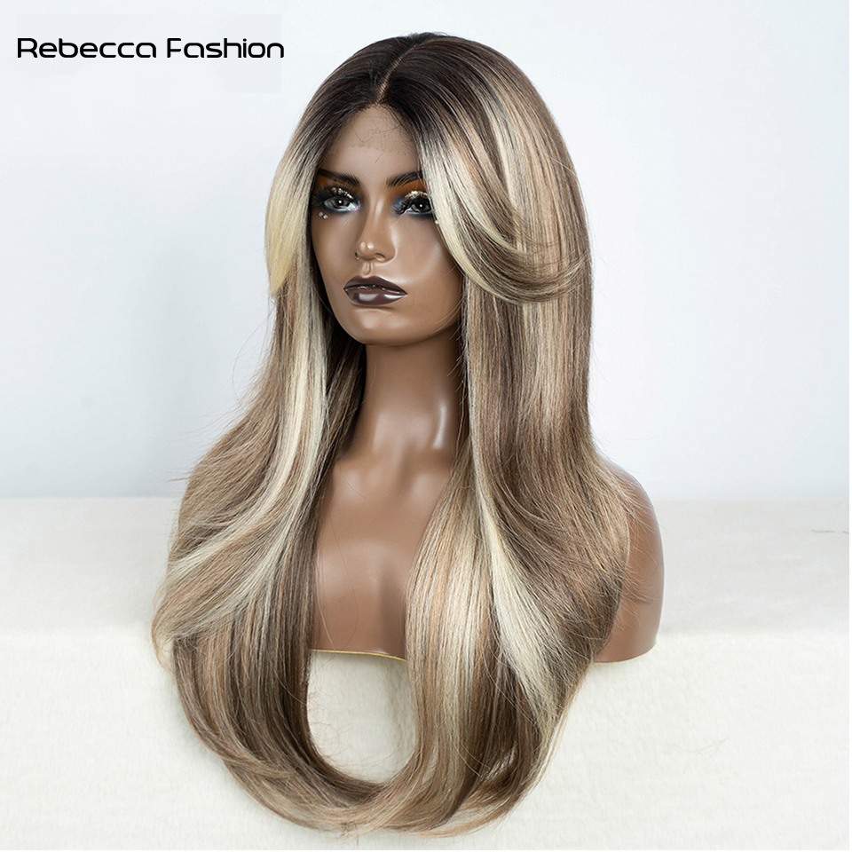 Rebecca fashion 13*4*1 lace wig Synthetic 26inch high temperature fiber Straight long hair for women Easy Wear