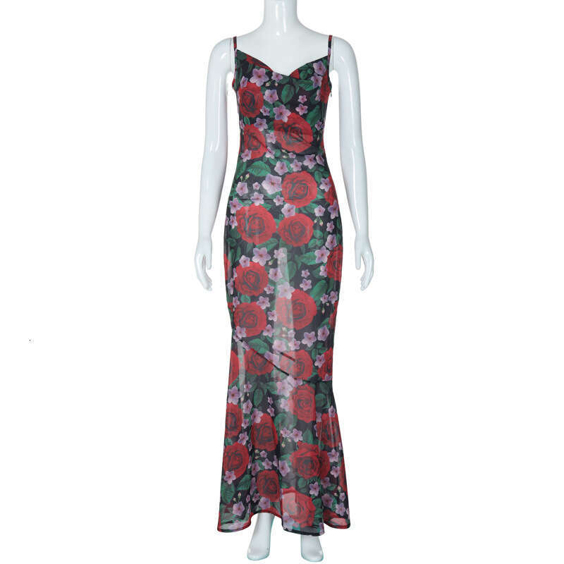 Sheath Dress Summer Ins Fashion New Style Sexy V Neck Temperament Versatile Slimming Long Printed Strap Dress For Women Summer Dress