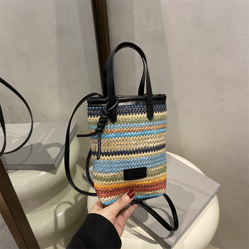 Free Delivery Designer Bag Korean Version Color Striped New 2025 Girls' Spring And Summer Trend Fashion Woven Single Shoulder Crossbody Mobile Ph
