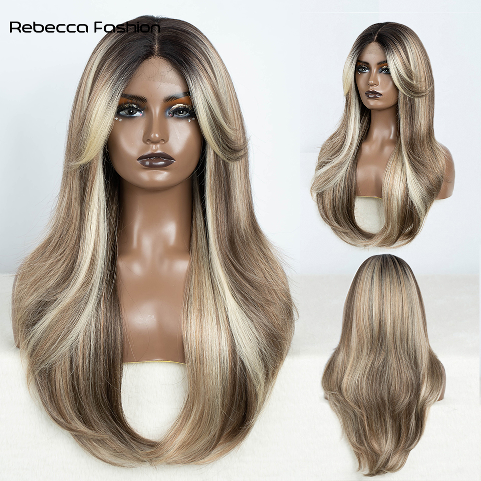 Rebecca Fashion Synthetic Front Wigs For Women Straight 28 Inche Bob Ombre Brown Blonde White Lace Glueless Cosplay Wig